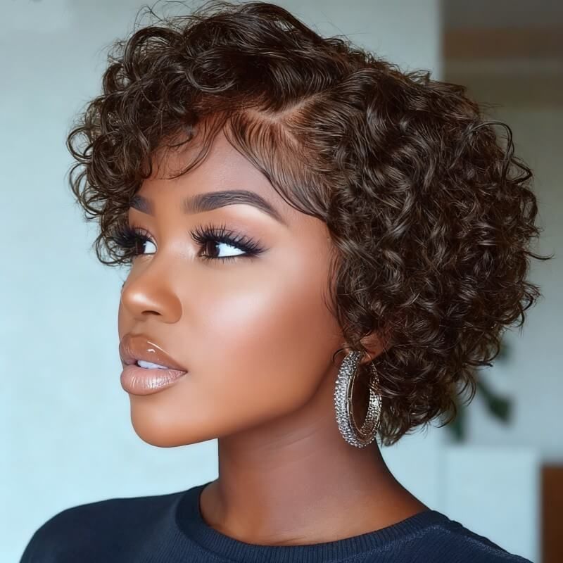 Short Curly Wig Pixie Cut Bob Wigs with Side Part Lace Front Wigs