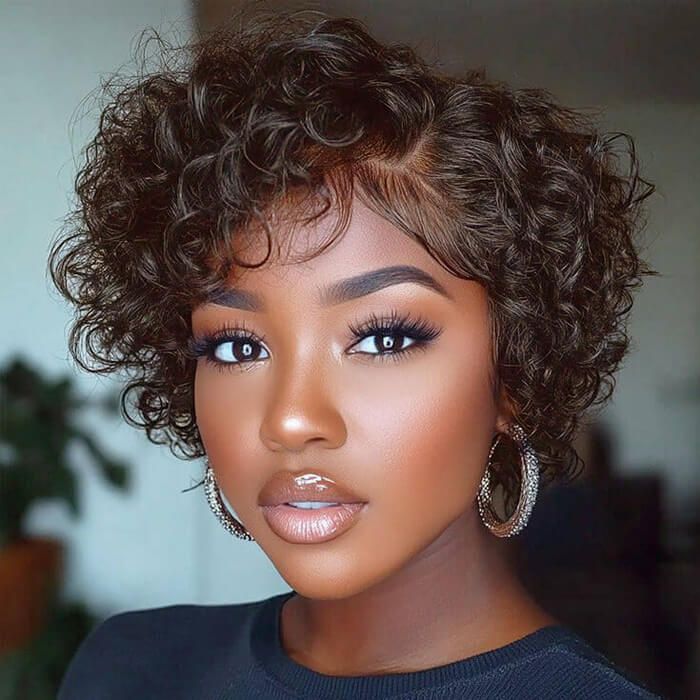 Short Curly Wig Pixie Cut Bob Wigs with Side Part Lace Front Wigs