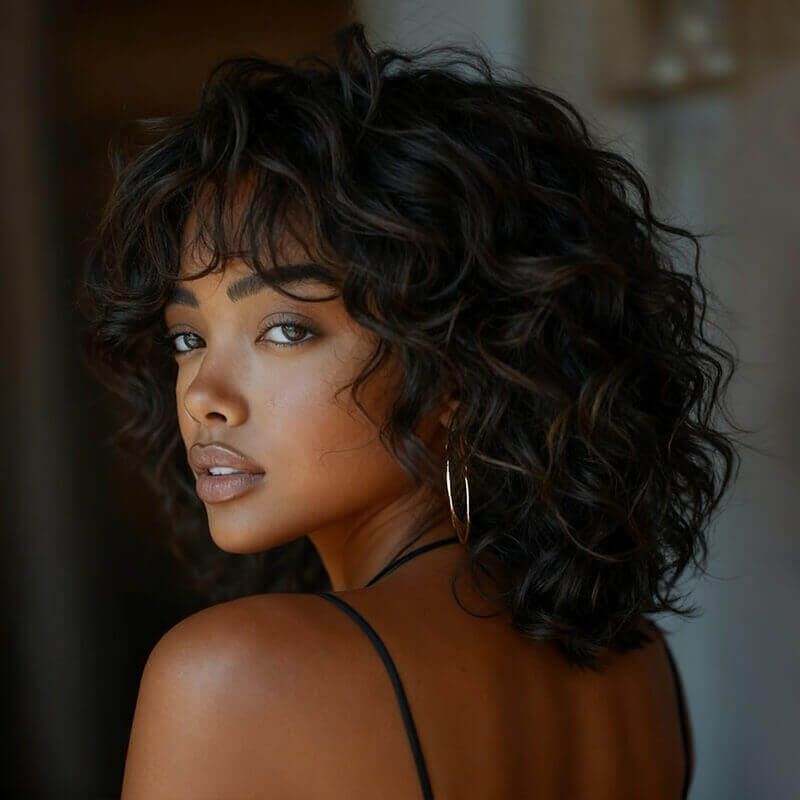 IDefinewig Glueless Brown Highlight Curly Wigs With Bangs Lace Front Human Hair Wigs