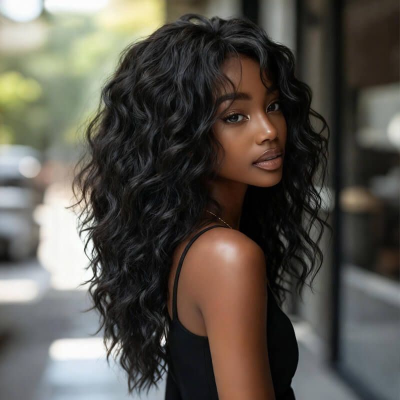 IDefinewig Glueless Beach Curly Wigs With Bangs Lace Front Human Hair Wigs